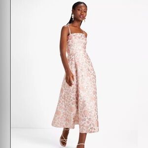 Kate Spade Ivory Pink Floral Brocade & Metallic Gold Pleated Dress Retail $448